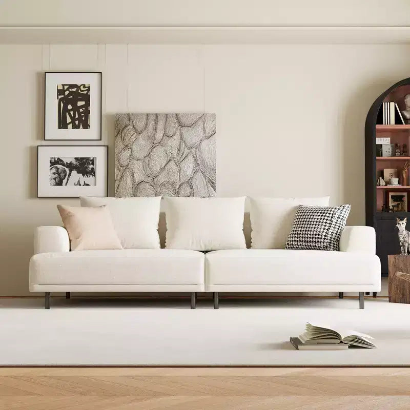 Canapé moderne en tissu coton-lin respirant, structure en bois massif, coussin d'assise en éponge haute élasticité, beige clair