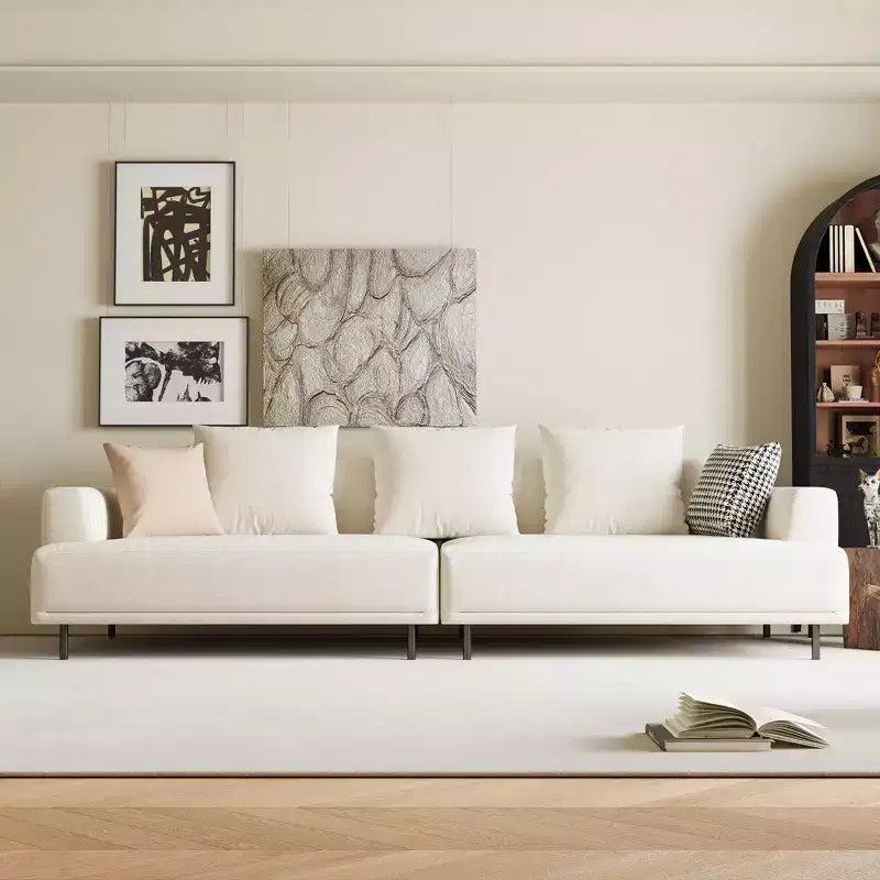 Canapé moderne en tissu coton-lin respirant, structure en bois massif, coussin d'assise en éponge haute élasticité, beige clair