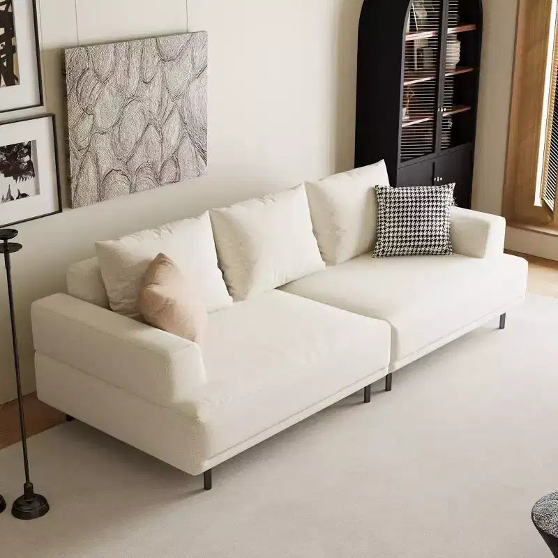 Canapé moderne en tissu coton-lin respirant, structure en bois massif, coussin d'assise en éponge haute élasticité, beige clair