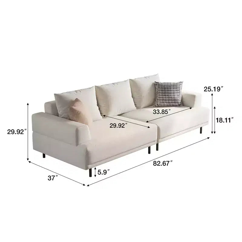 Canapé moderne en tissu coton-lin respirant, structure en bois massif, coussin d'assise en éponge haute élasticité, beige clair