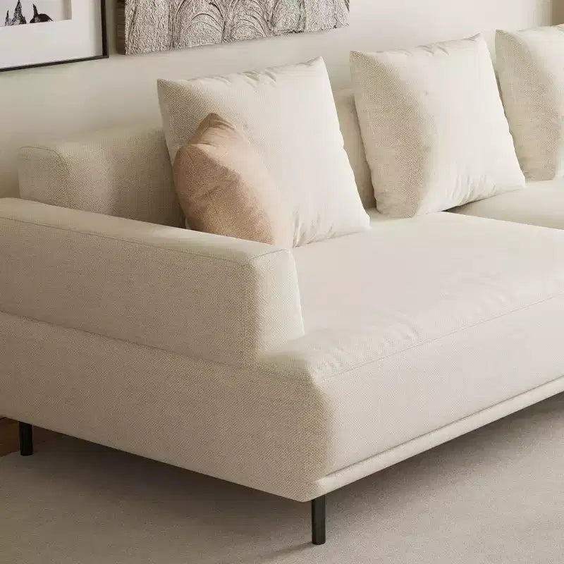 Canapé moderne en tissu coton-lin respirant, structure en bois massif, coussin d'assise en éponge haute élasticité, beige clair