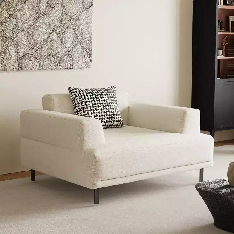 Canapé moderne en tissu coton-lin respirant, structure en bois massif, coussin d'assise en éponge haute élasticité, beige clair