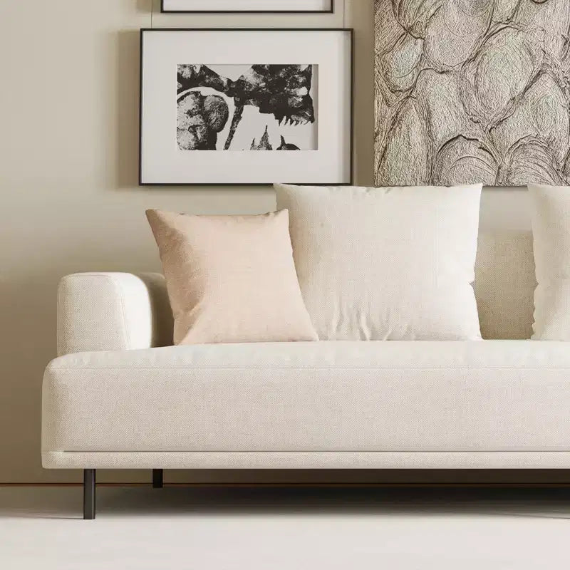 Canapé moderne en tissu coton-lin respirant, structure en bois massif, coussin d'assise en éponge haute élasticité, beige clair