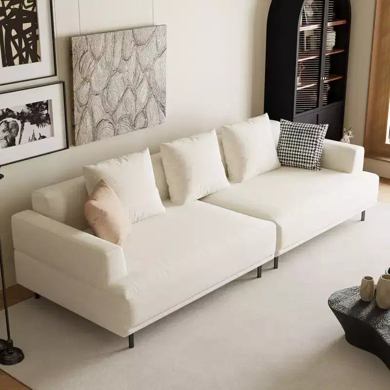 Canapé moderne en tissu coton-lin respirant, structure en bois massif, coussin d'assise en éponge haute élasticité, beige clair