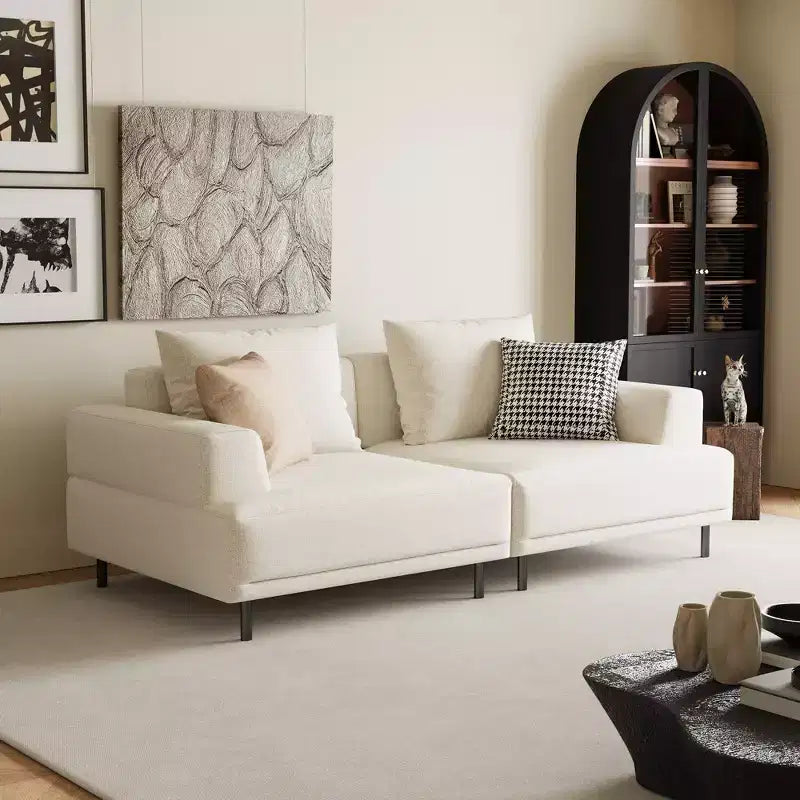 Canapé moderne en tissu coton-lin respirant, structure en bois massif, coussin d'assise en éponge haute élasticité, beige clair