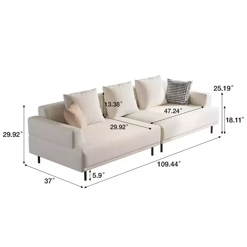 Canapé moderne en tissu coton-lin respirant, structure en bois massif, coussin d'assise en éponge haute élasticité, beige clair