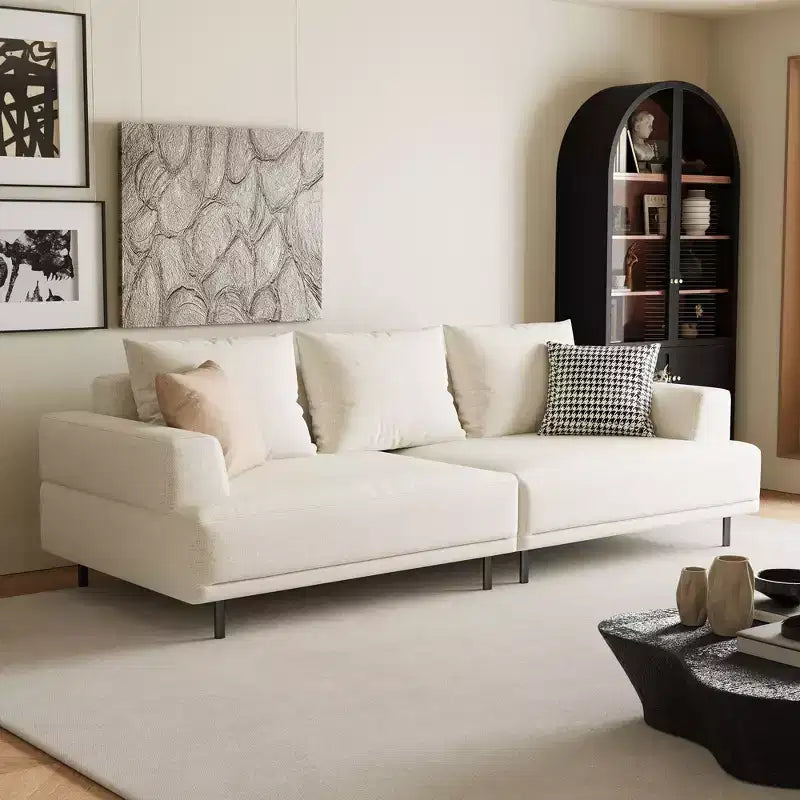 Canapé moderne en tissu coton-lin respirant, structure en bois massif, coussin d'assise en éponge haute élasticité, beige clair