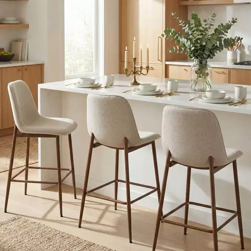 Set of 3 Counter Height Bar Stools, 25.5 Upholstered Kitchen Island Stools with Metal Legs, Curved Back Bar Chairs for Dining Room-Panipeachy
