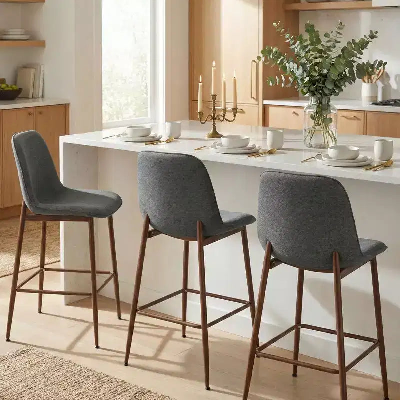 Lot de 3 tabourets de bar hauteur comptoir, tabourets d'îlot de cuisine rembourrés de 65 cm avec pieds en métal, chaises de bar à dossier incurvé pour salle à manger