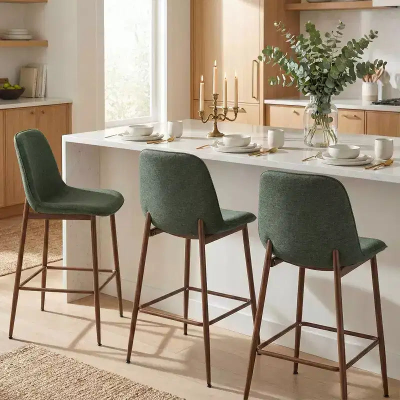 Lot de 3 tabourets de bar hauteur comptoir, tabourets d'îlot de cuisine rembourrés de 65 cm avec pieds en métal, chaises de bar à dossier incurvé pour salle à manger
