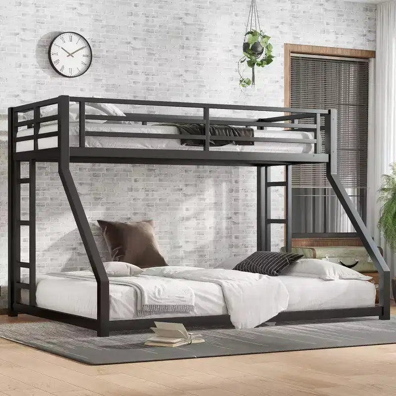 Metal Bunk Bed Twin XL over Queen with Guardrails, Floor Bunk Bed Frame with Built-in Stairs for Kids and Teens, Black