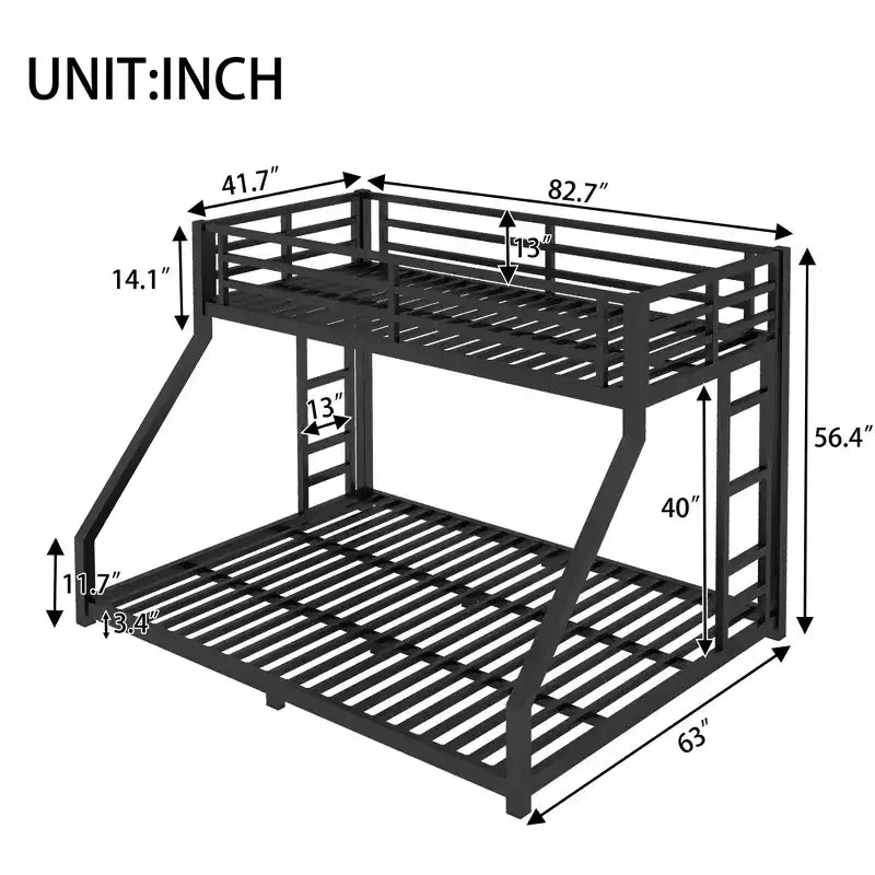 Lit superposé en métal une place XL sur deux places avec garde-corps, cadre de lit superposé au sol avec escalier intégré pour enfants et adolescents, noir