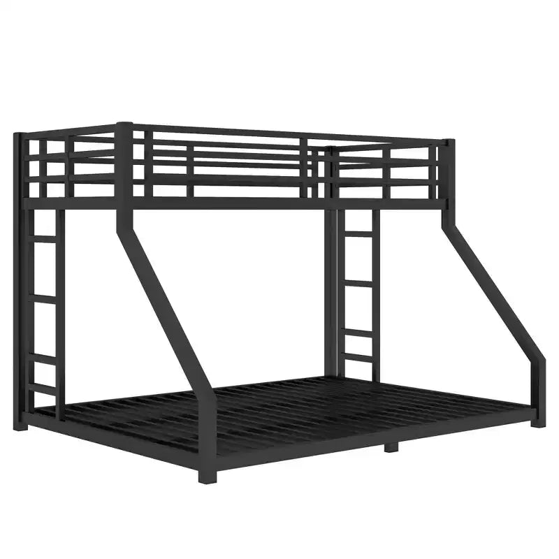 Lit superposé en métal une place XL sur deux places avec garde-corps, cadre de lit superposé au sol avec escalier intégré pour enfants et adolescents, noir