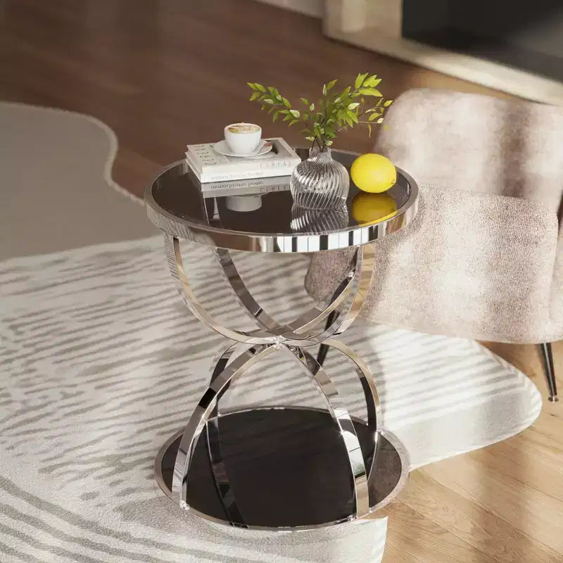 Table d'appoint moderne en verre à 2 niveaux Leda 19,69'', avec cadres en forme d'anneau