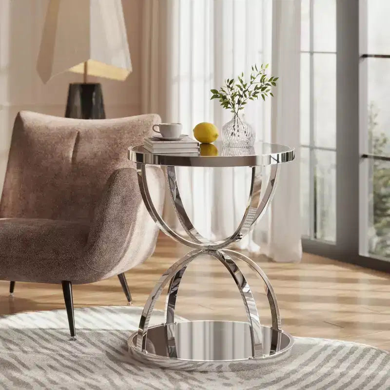 Table d'appoint moderne en verre à 2 niveaux Leda 19,69'', avec cadres en forme d'anneau