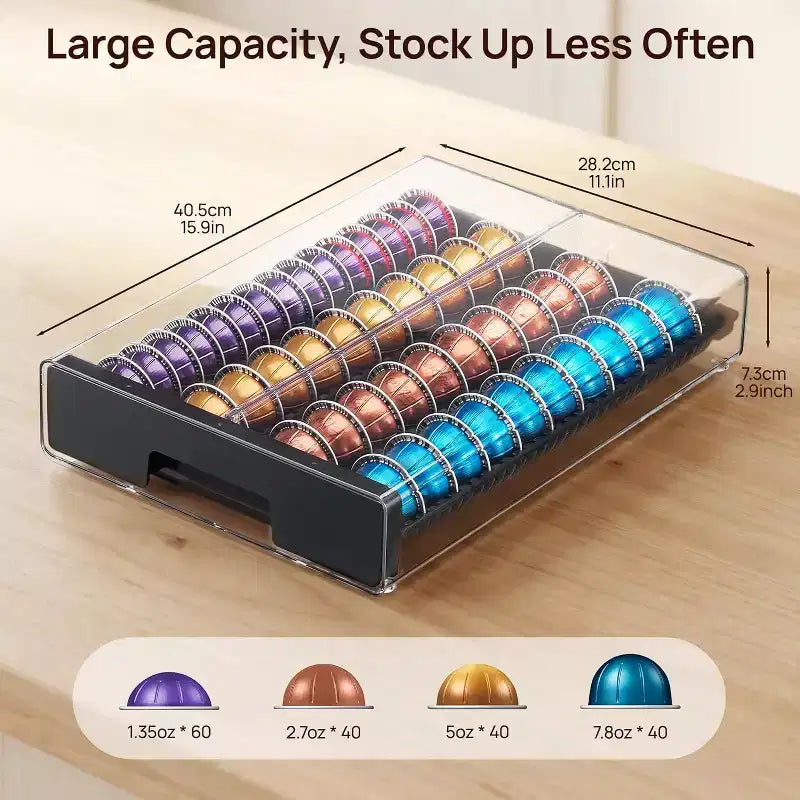 Tiroir de rangement en acrylique transparent pour capsules de café Nespresso Vertuo, peut contenir 40 grandes ou 60 petites capsules