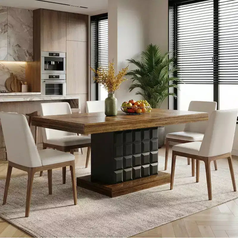 MAYEERTY 63 Modern Geometric Dining Table, Brown MDF Top Cubed Black Base Kitchen Table