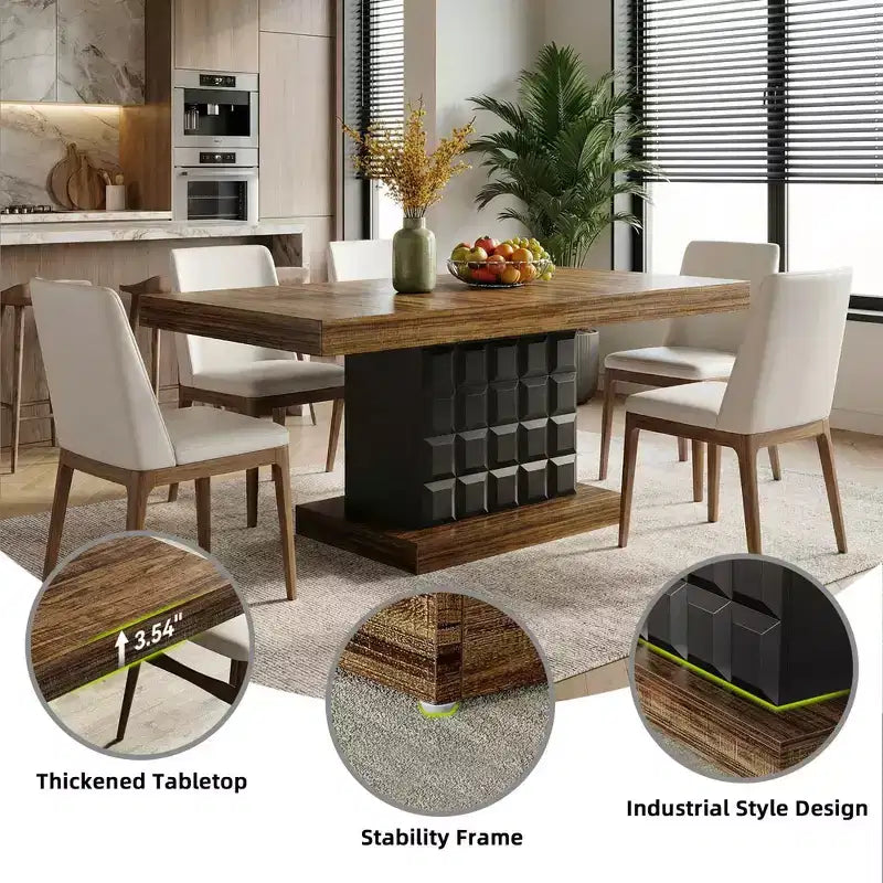 Table de salle à manger géométrique moderne 63, plateau en MDF marron, piètement cubique noir