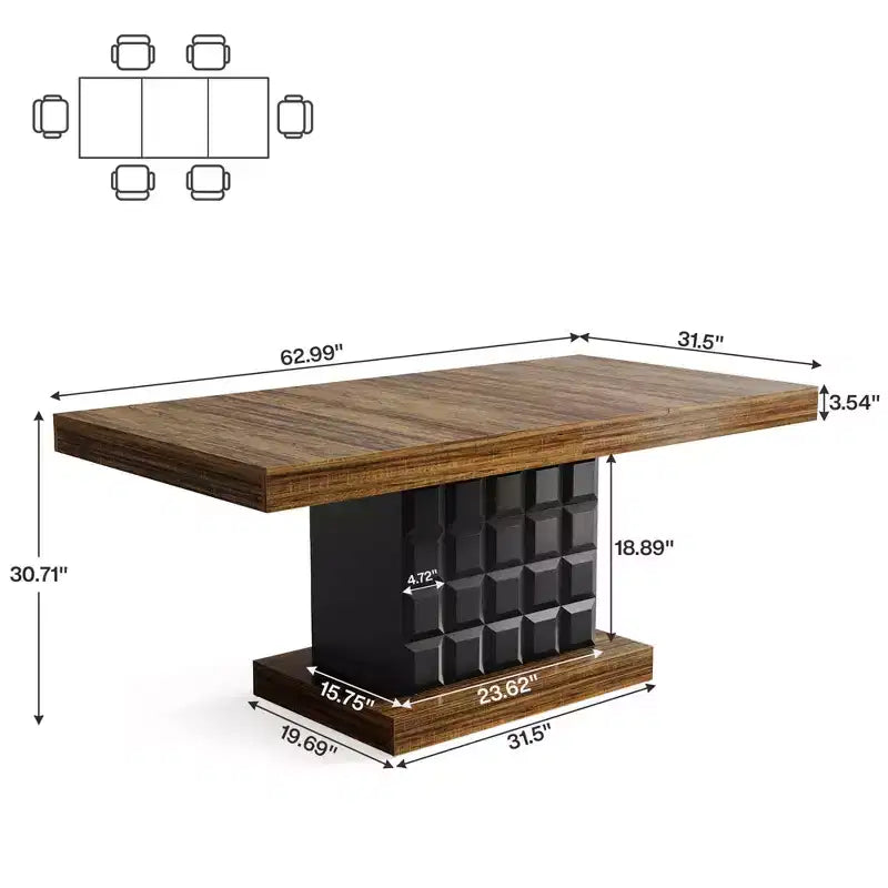 Table de salle à manger géométrique moderne 63, plateau en MDF marron, piètement cubique noir