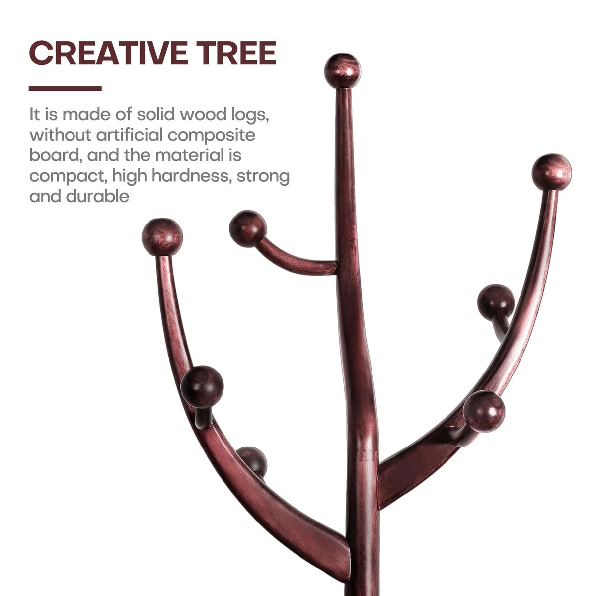 Porte-manteau sur pied en bois d'hévéa forme branche d'arbre avec 8 crochets - 24,5 L x 70,87 H