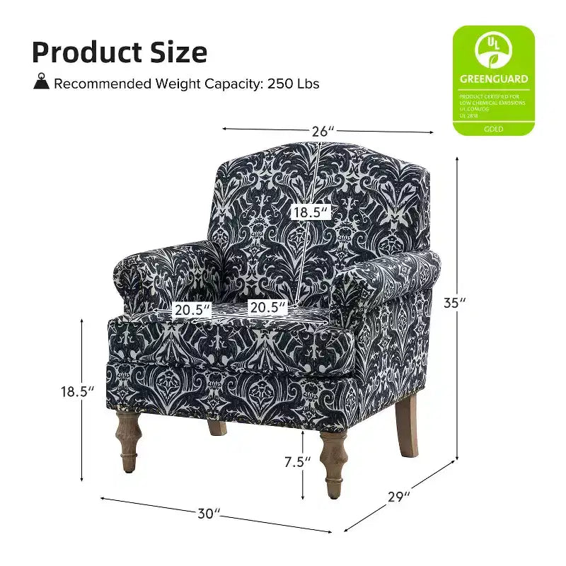 Fauteuil rembourré en bois avec motif floral, accoudoirs à panneaux et dossier en forme de bosse de chameau.