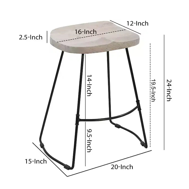 Tabouret de bar 61 cm, hauteur comptoir, sans dossier, assise de selle en manguier blanchi, base en métal noir, blanc/noir