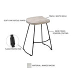 Tabouret de bar 61 cm, hauteur comptoir, sans dossier, assise de selle en manguier blanchi, base en métal noir, blanc/noir