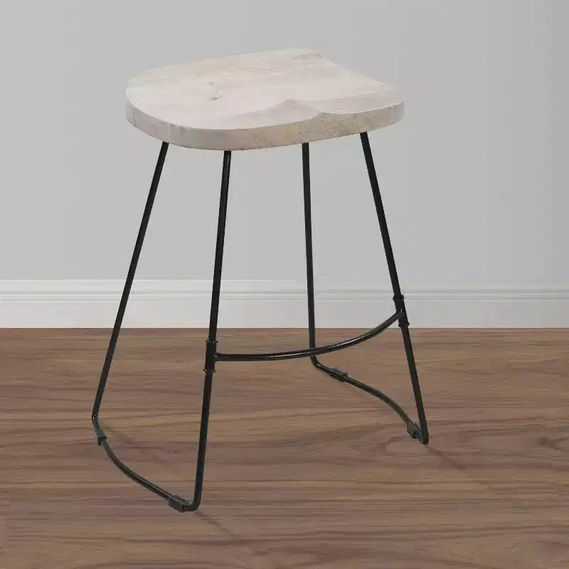 Tabouret de bar 61 cm, hauteur comptoir, sans dossier, assise de selle en manguier blanchi, base en métal noir, blanc/noir