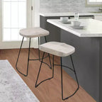 Tabouret de bar 61 cm, hauteur comptoir, sans dossier, assise de selle en manguier blanchi, base en métal noir, blanc/noir