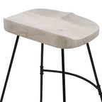 Tabouret de bar 61 cm, hauteur comptoir, sans dossier, assise de selle en manguier blanchi, base en métal noir, blanc/noir