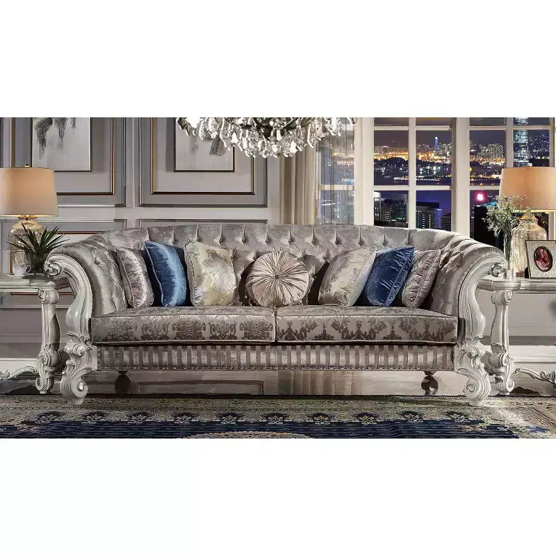 Canapé Versailles 99" en tissu ivoire et finition blanc cassé – Forme demi-lune, Clouté, Aucun assemblage requis
