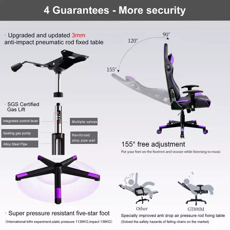 Chaise de jeu avec haut-parleurs Bluetooth Chaise de bureau haute en PU violette