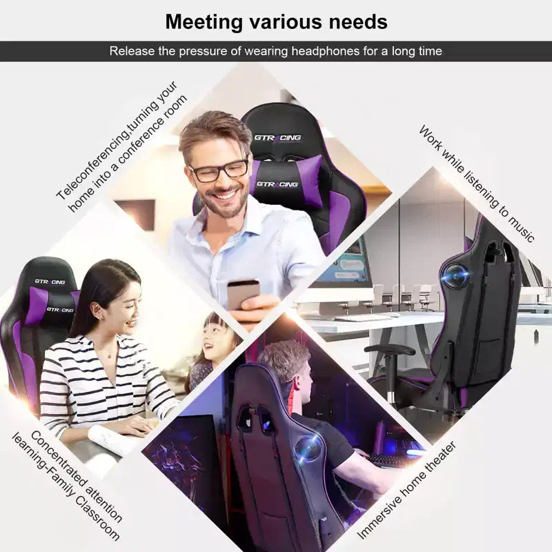 Chaise de jeu avec haut-parleurs Bluetooth Chaise de bureau haute en PU violette