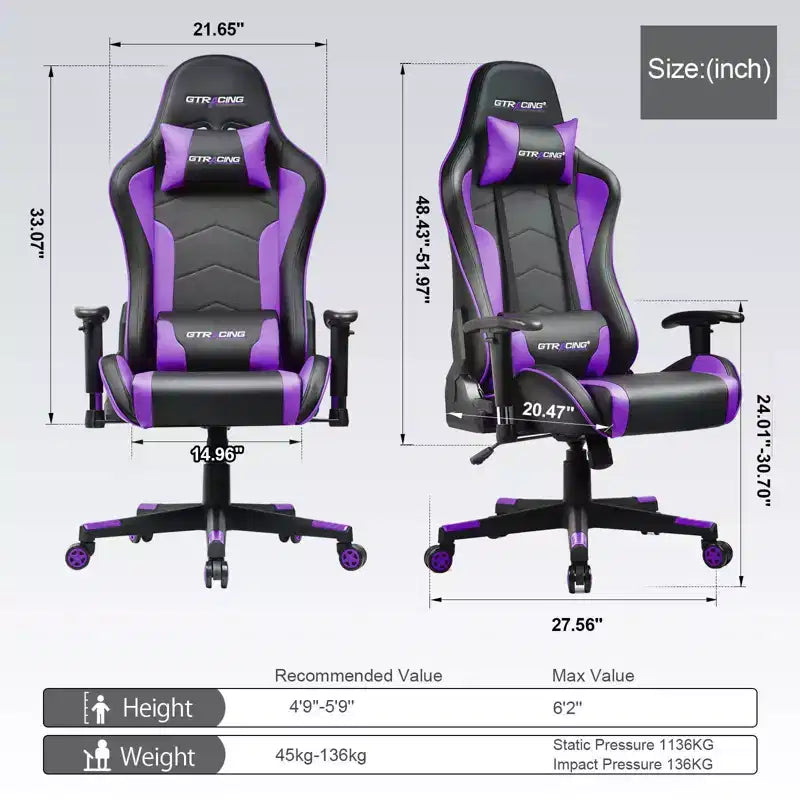 Chaise de jeu avec haut-parleurs Bluetooth Chaise de bureau haute en PU violette