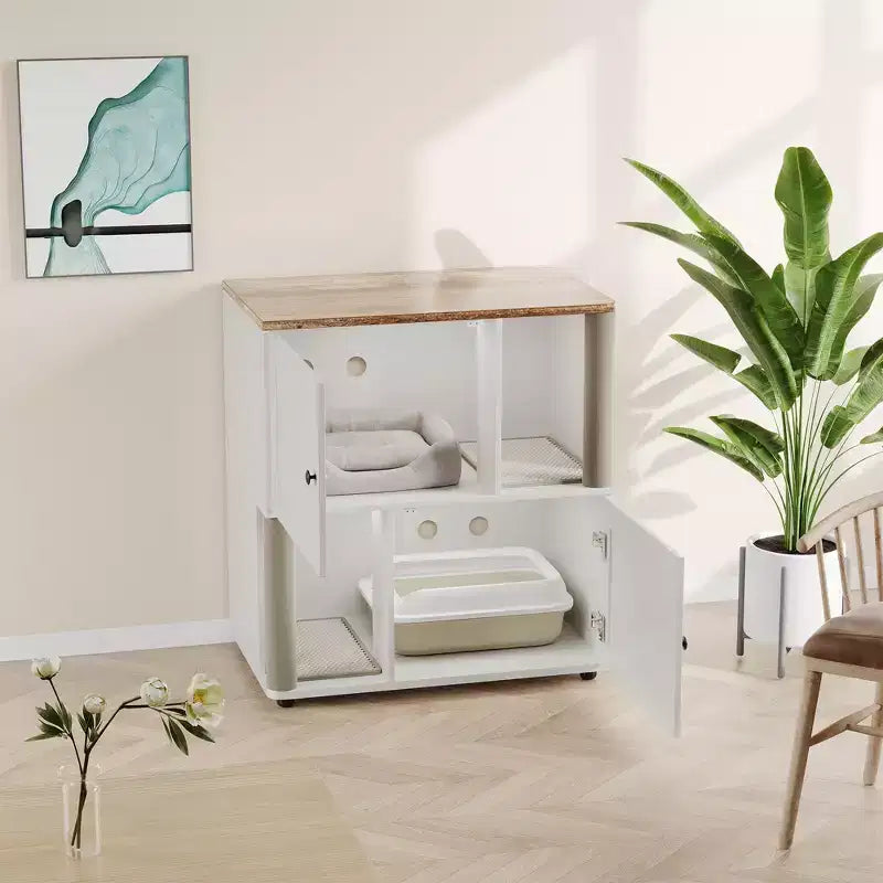 Meuble cache-litière double avec poteaux à griffer et tapis de litière à double couche pour animaux de compagnie d'intérieur