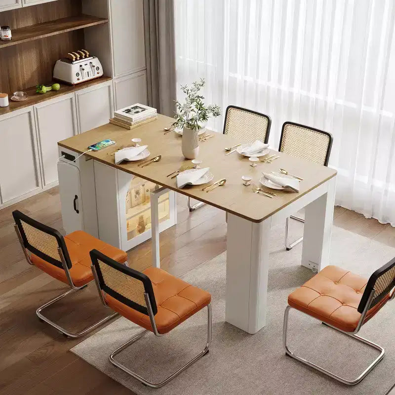 Table à manger extensible Whisen, table îlot mobile roulante avec 3 rallonges amovibles, meuble de rangement