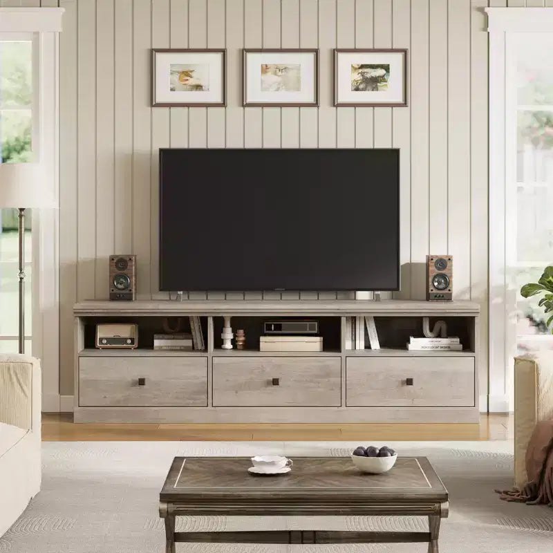 Meuble TV Mid-Century Modern de 178 cm avec tiroir de rangement et étagères ouvertes