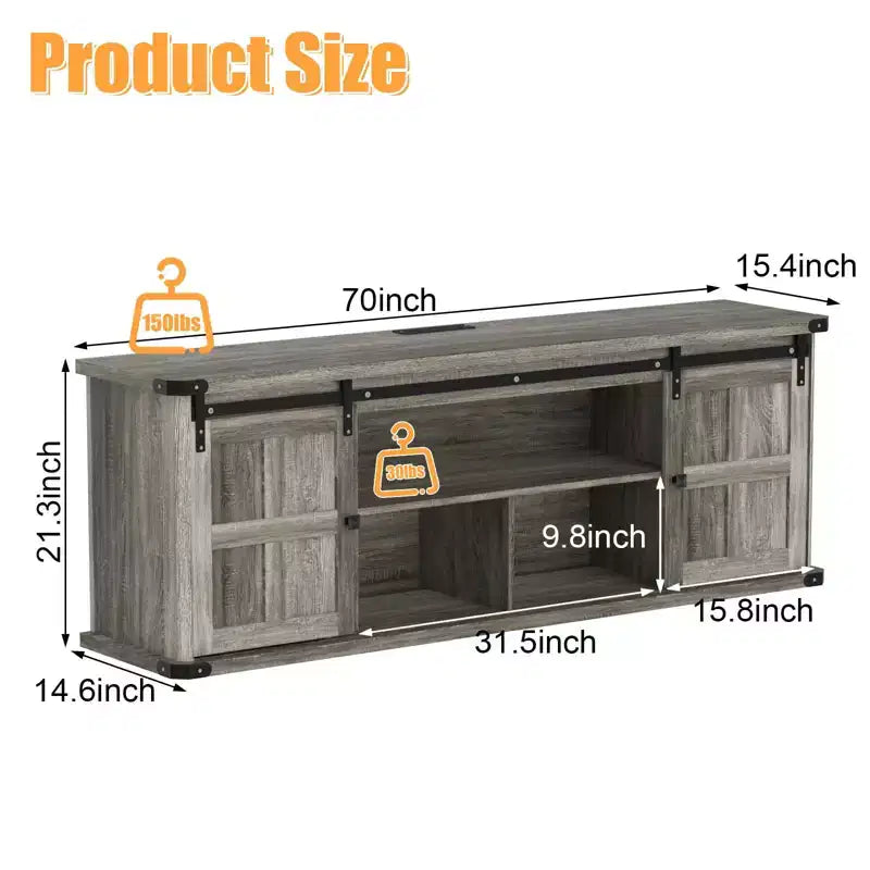 Meuble TV 70 po pour téléviseurs 75 po, centre de divertissement style ferme avec portes coulissantes de grange et armoires de rangement, table console TV média moderne