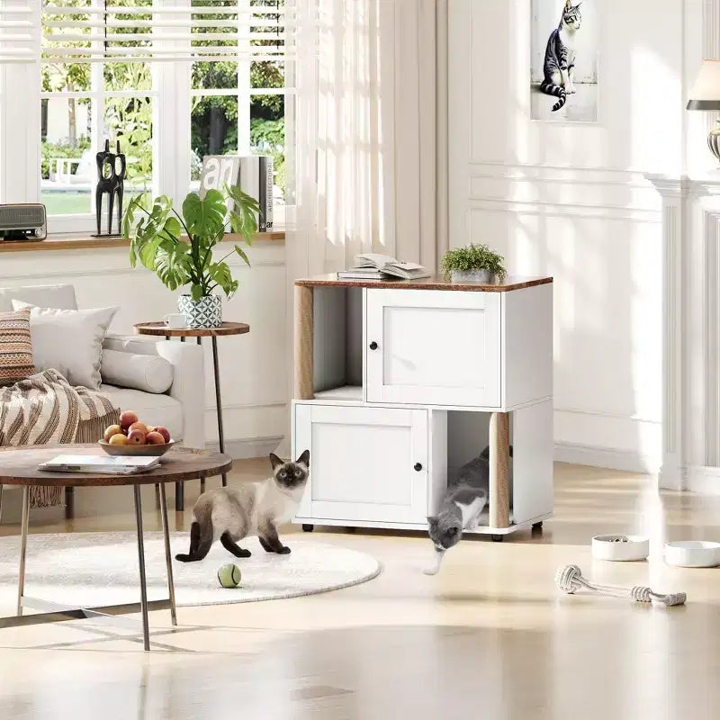 Meuble cache-litière double avec poteaux à griffer et tapis de litière à double couche pour animaux de compagnie d'intérieur