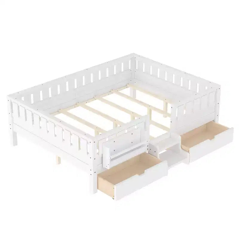 Lit pour tout-petits Bellemave Queen Size avec 14 barrières de sécurité, cadre de lit peu encombrant avec étagères intégrées et 2 tiroirs de rangement sous le lit