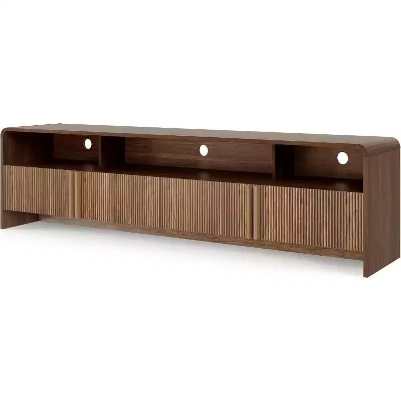 Meuble TV moderne AMERLIFE 70 avec design cannelé et armoires de rangement, pour téléviseurs jusqu'à 80 pouces, meuble TV en bois pour salon