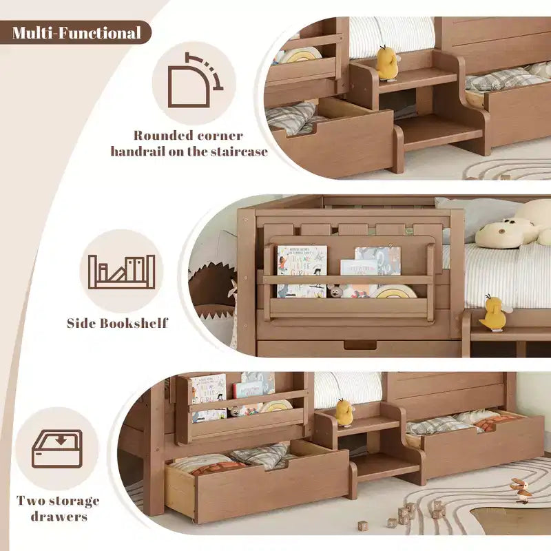 Lit pour tout-petits Bellemave Queen Size avec 14 barrières de sécurité, cadre de lit peu encombrant avec étagères intégrées et 2 tiroirs de rangement sous le lit