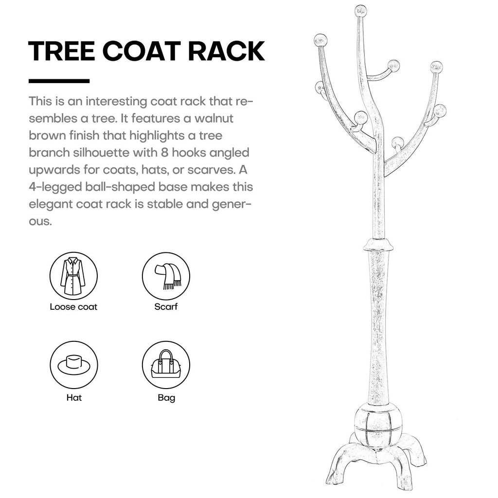 Porte-manteau sur pied en bois d'hévéa forme branche d'arbre avec 8 crochets - 24,5 L x 70,87 H