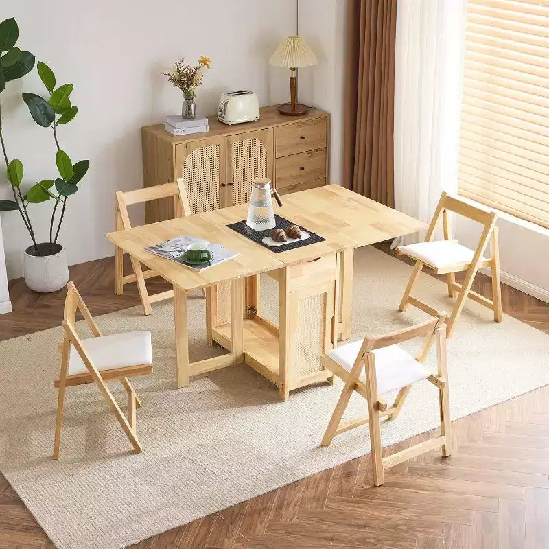 Ensemble de table à manger pliante VINGLI, table en bois massif extensible à abattants avec 4 chaises, tiroirs et roulettes, gain de place pour la cuisine