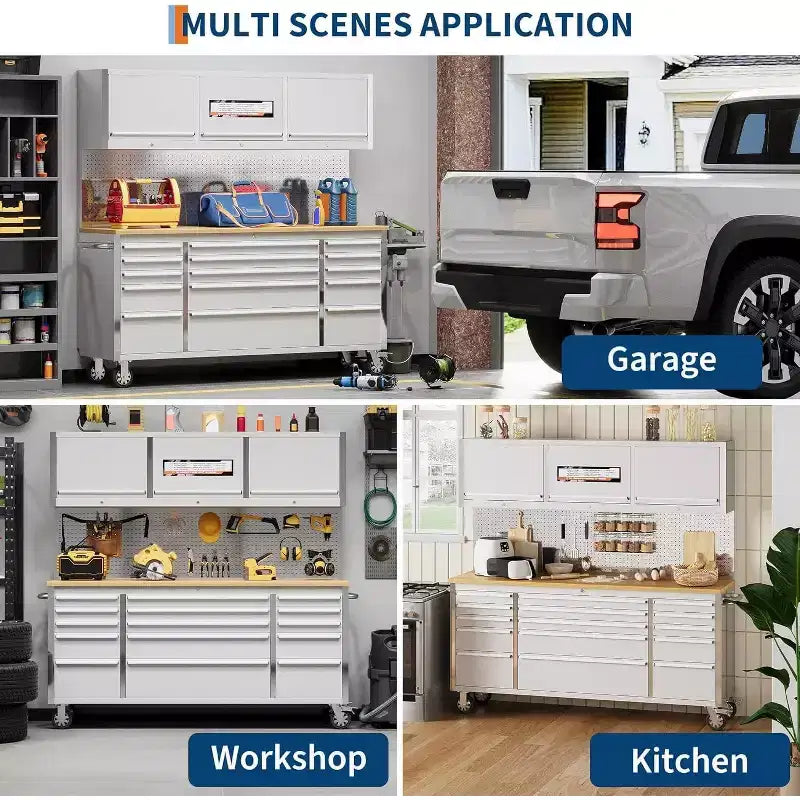 Servante d'atelier 72 pouces avec roulettes, établi de garage, plan de travail en bois massif en caoutchouc et avec verrouillage à clé, armoire à outils mobile pour rangement d'atelier