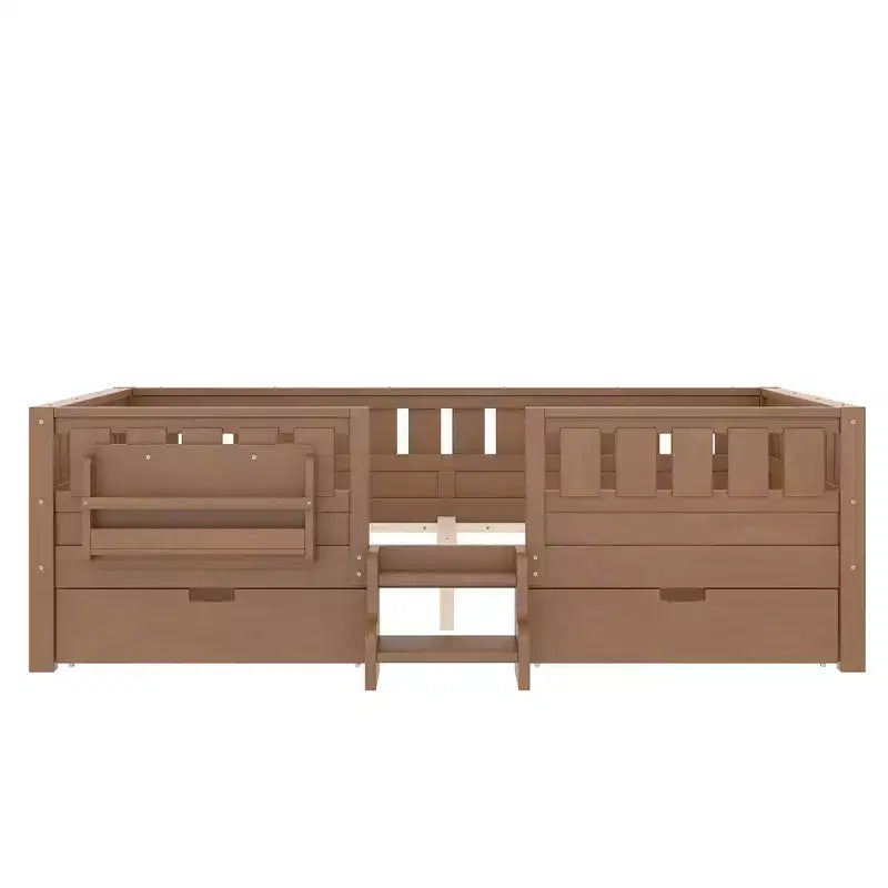 Lit pour tout-petits Bellemave Queen Size avec 14 barrières de sécurité, cadre de lit peu encombrant avec étagères intégrées et 2 tiroirs de rangement sous le lit