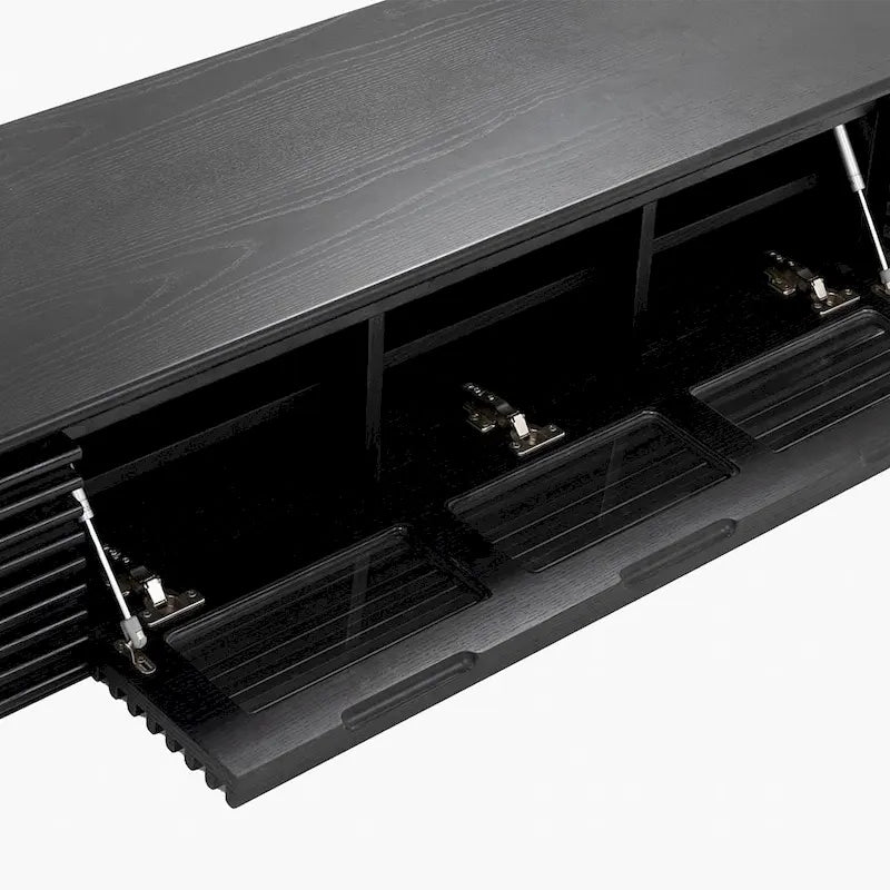 Meuble TV minimaliste avec tiroirs, console multimédia en bois massif avec placards, porte abattante, placage noyer, entièrement assemblé