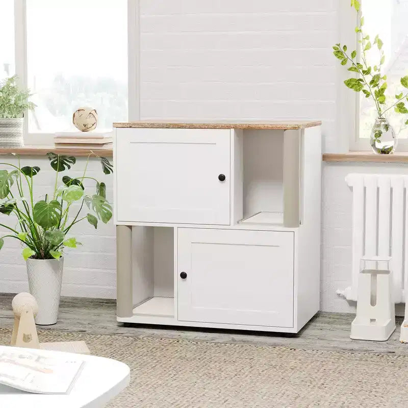 Meuble cache-litière double avec poteaux à griffer et tapis de litière à double couche pour animaux de compagnie d'intérieur