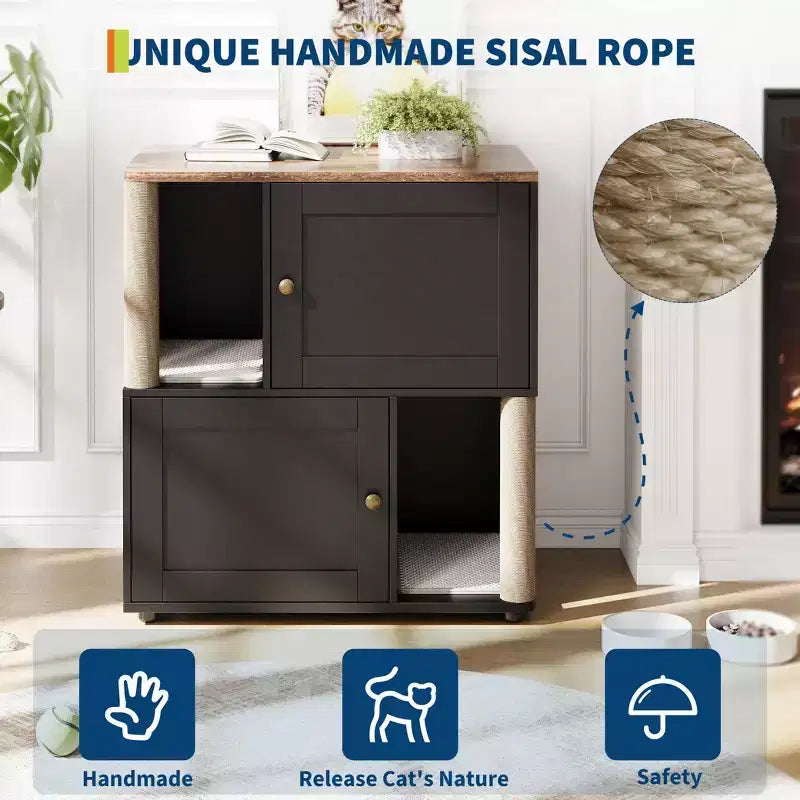 Meuble cache-litière double avec poteaux à griffer et tapis de litière à double couche pour animaux de compagnie d'intérieur