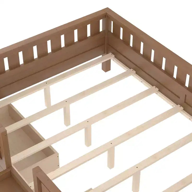 Lit pour tout-petits Bellemave Queen Size avec 14 barrières de sécurité, cadre de lit peu encombrant avec étagères intégrées et 2 tiroirs de rangement sous le lit